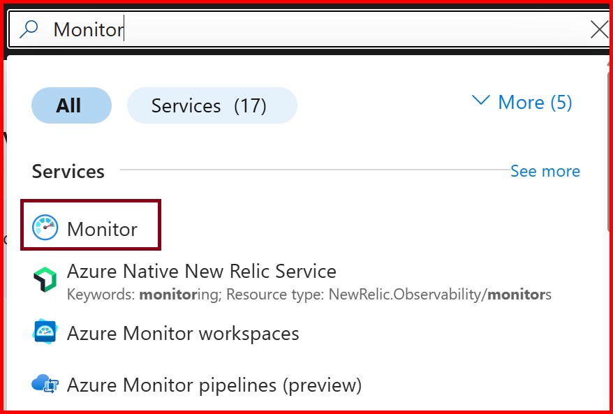 Picture showing searching the Monitor service in Azure portal